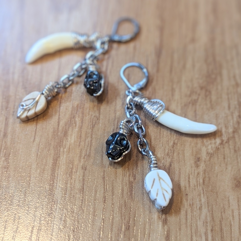 FINAL PRICE Coyote Fang Skull Hematite Leaf Howlite Chain Dangle Earrings